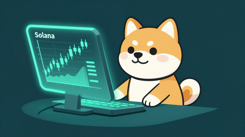 Shiba inu mascot at a Solana trading terminal