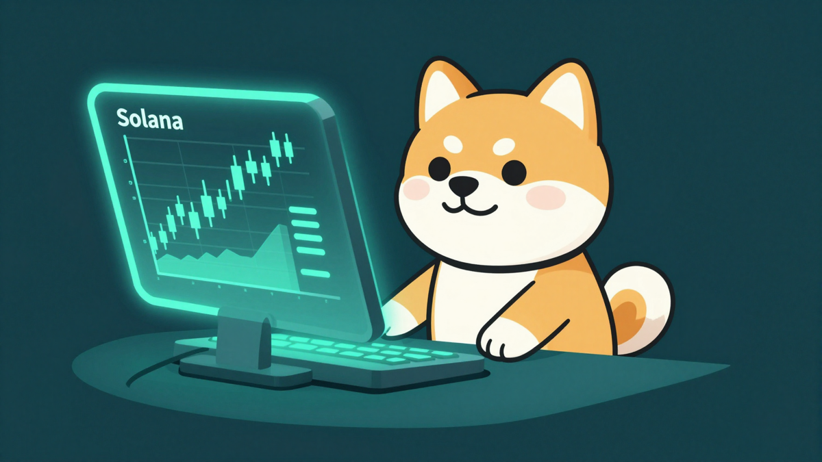 Friendly shiba inu next to a glowing trading terminal showing Solana candlestick chart