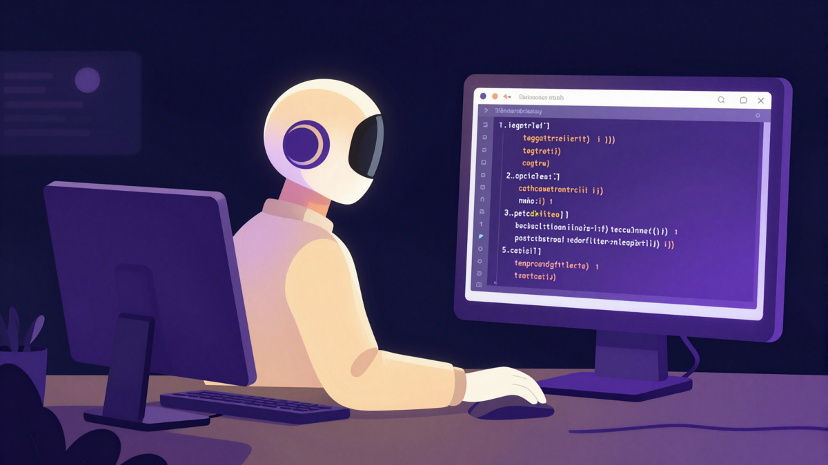 AI assistant working alongside an open terminal with code blocks representing Claude Code