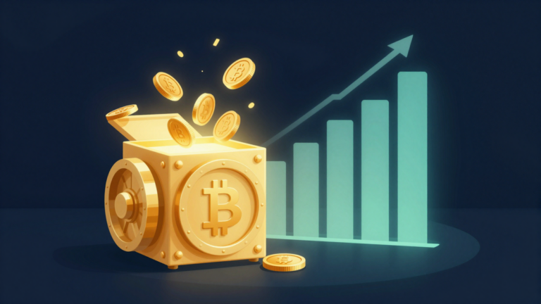Glowing crypto vault with floating coins ascending as yield illustrating decentralized vault products
