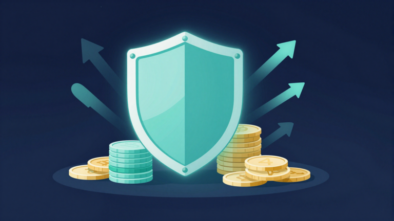 A glowing shield protecting crypto coins illustrating beginner-friendly risk management