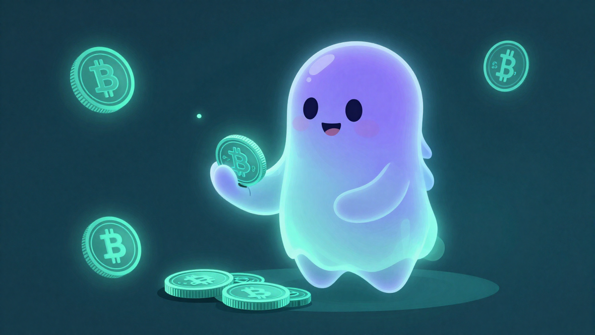 Friendly translucent ghost character holding glowing crypto coins