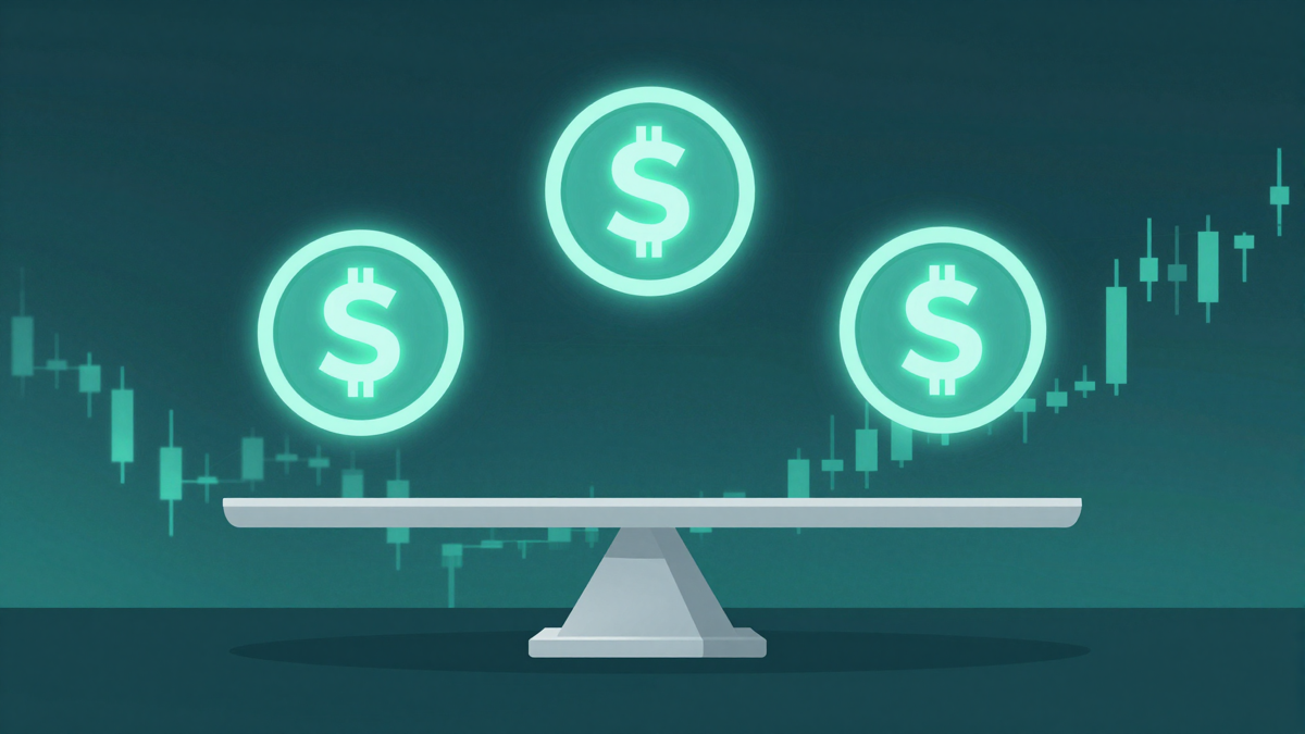 Three glowing dollar-sign tokens balanced above a candlestick chart, representing stablecoins anchored against crypto volatility